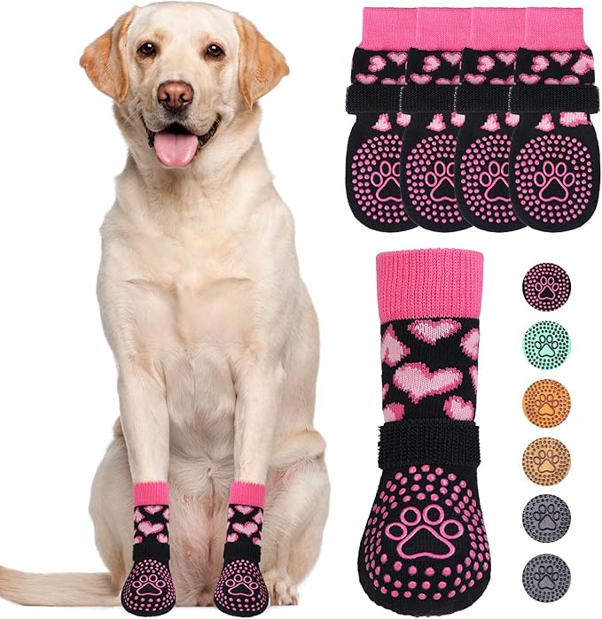 KOOLTAIL Anti Slip Dog Socks for Hot/Cold Pavement to Prevent Licking Paws, Dog Boots&Paw Protector with Grippers for Hardwood Floors,Pink Heart Valentine's Socks Booties for Small Medium Large Dogs M