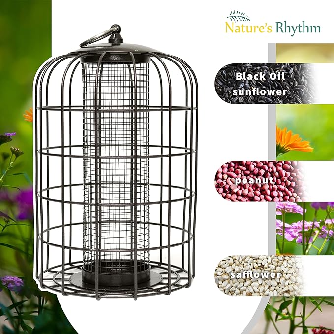 Nature's Rhythm Outdoor Hanging Bird Feeder Cage Mesh Tube Squirrel Proof Wild Bird Feeder with Large Metal Seed Guard Deterrent Green