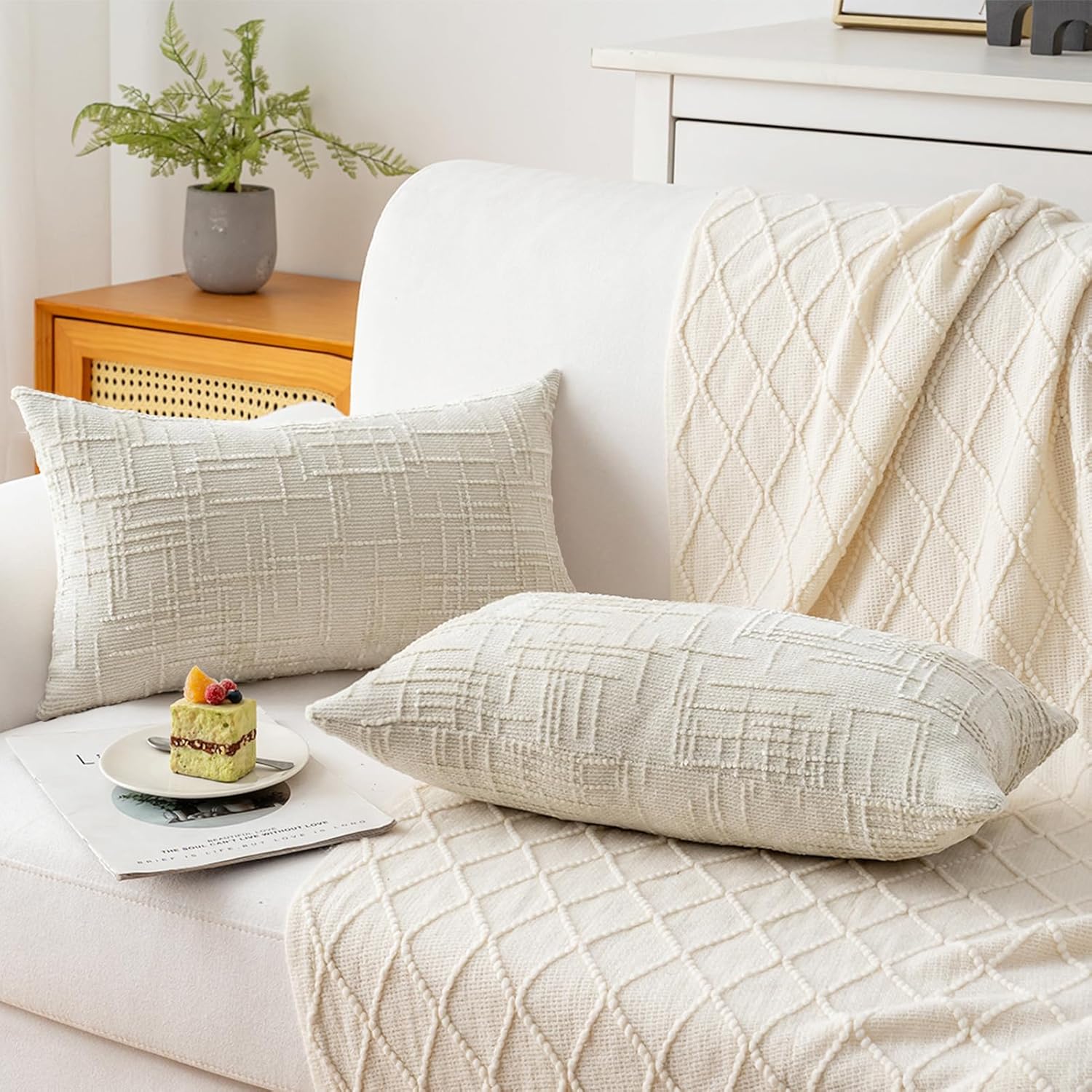 Decorative Throw Pillow Covers 12x20 Inch Set of 2, Thick Solid Farmhouse Chenille Couch Pillows, Spring Pillow Covers for Couch Sofa Bed Living Room Home Decor Pillowcase,White