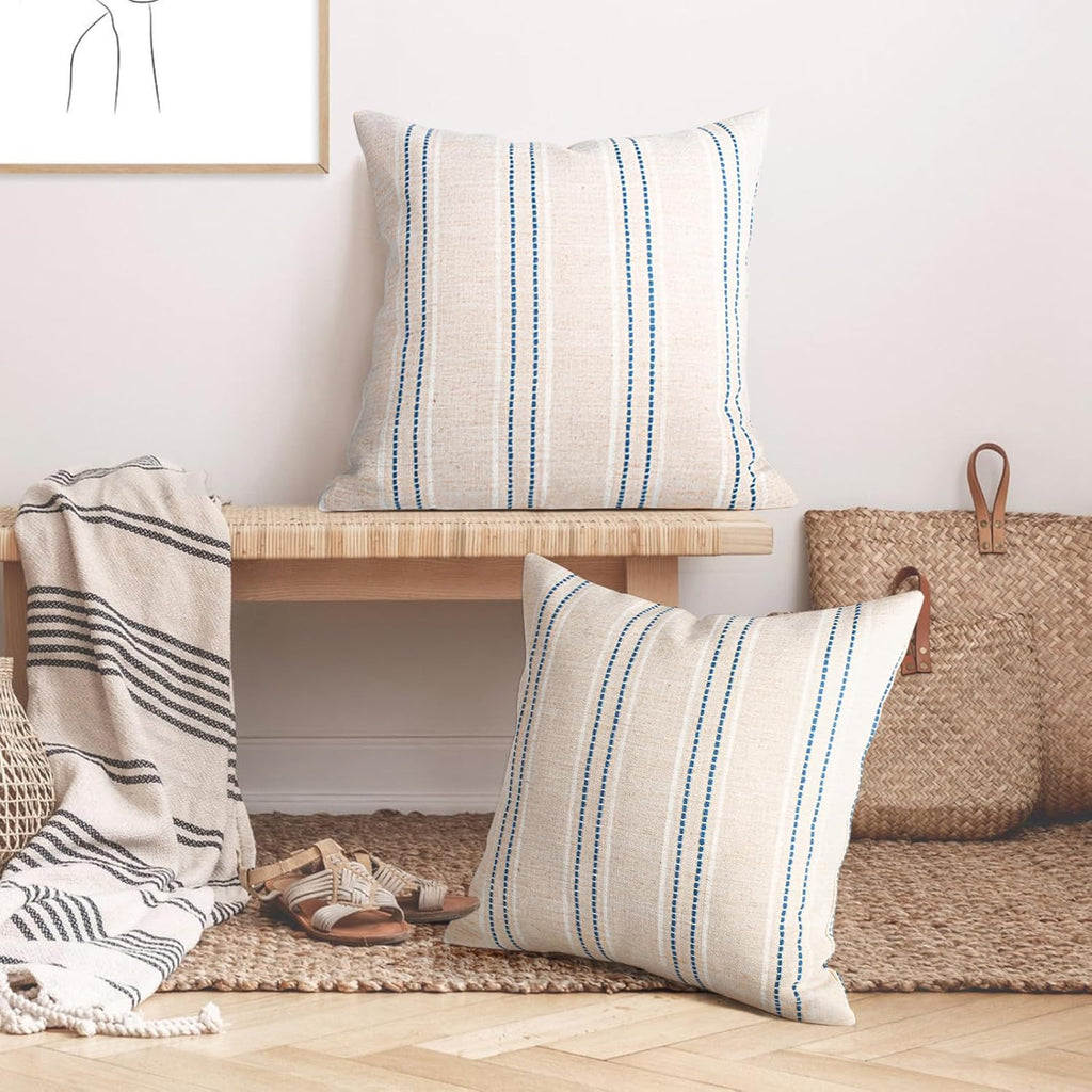 AELS 24x24 Decorative Farmhouse Linen Throw Pillow Covers, Boho Textured Pillow Case, Set of 2, Beige with White & Navy Blue Stitch Yarn Dyed Stripe Cushion Cover for Couch Living Room (Cover ONLY)