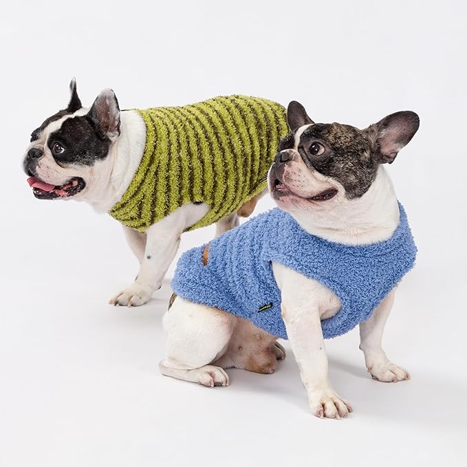 Fitwarm 2 Pack Striped Fleece Dog Sweater, Warm Winter Clothes for Small Dogs Boy Girl, Fuzzy Pet Outfit, Sky Blue, Olive Green, Medium