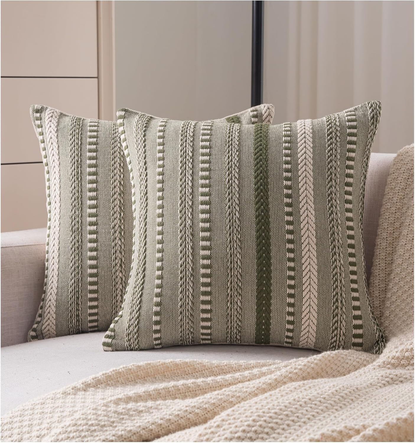 Boho Throw Pillow Covers 18x18 Inch Set of 2, Farmhouse Decorative Couch Pillow Cases, Green Accent Pillows of Bed, Sofa Bedroom Living Room Home Decor Cushion Cover