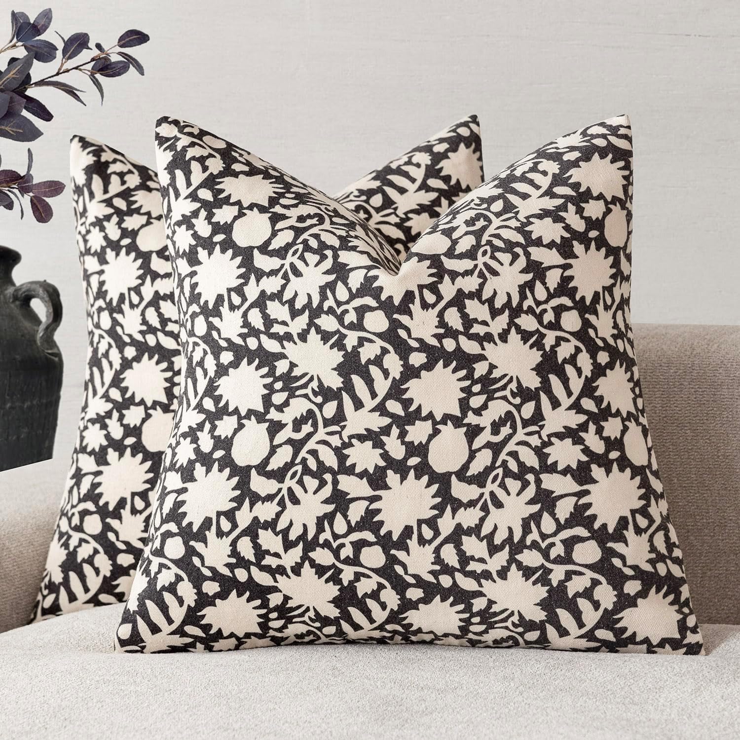 Foindtower Set of 2 Decorative Neutral Floral Throw Pillow Covers Accent Farmhouse Cushion Covers Boho Vintage Pillowcase for Couch Sofa Bedroom Living Room Home Decor24×24 Inch,Black