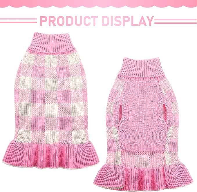 Dog Sweater Dress Plaid Knitwear for Small Medium Dogs Warm Puppy Pet Turtleneck Stretch Pullover Cute Fall Winter Vest Clothes with Leash Hole for Christmas (Pink, XS)