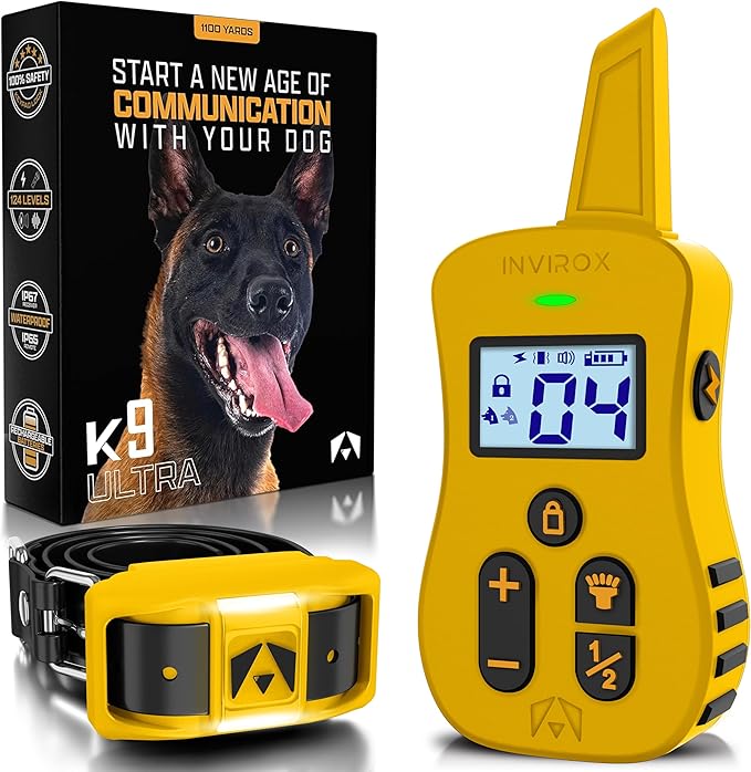 INVIROX E Collar for Dog [Ultra K9] 124 Training Levels, 4 Powerful Modes with Night-Light and ¾ Mile Range 100% Safe Dog Training Collar for Large Dogs IP67 Waterproof