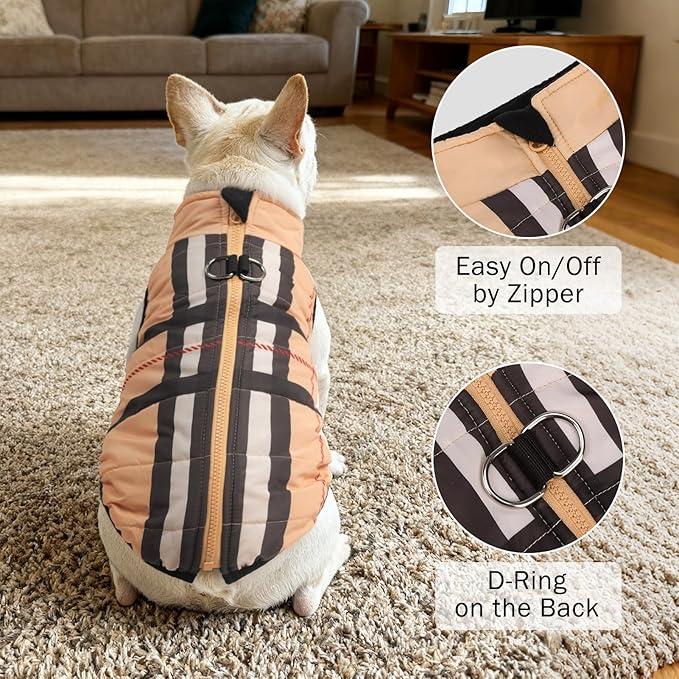 SCENEREAL Winter Dog Vest Coat with Harness Built in, Warm Puppy Jacket for Small Medium Dogs, Cold Weather Coat with Zipper, Fleece Puffer Vest Windproof Snow Clothes, Beige Plaid L