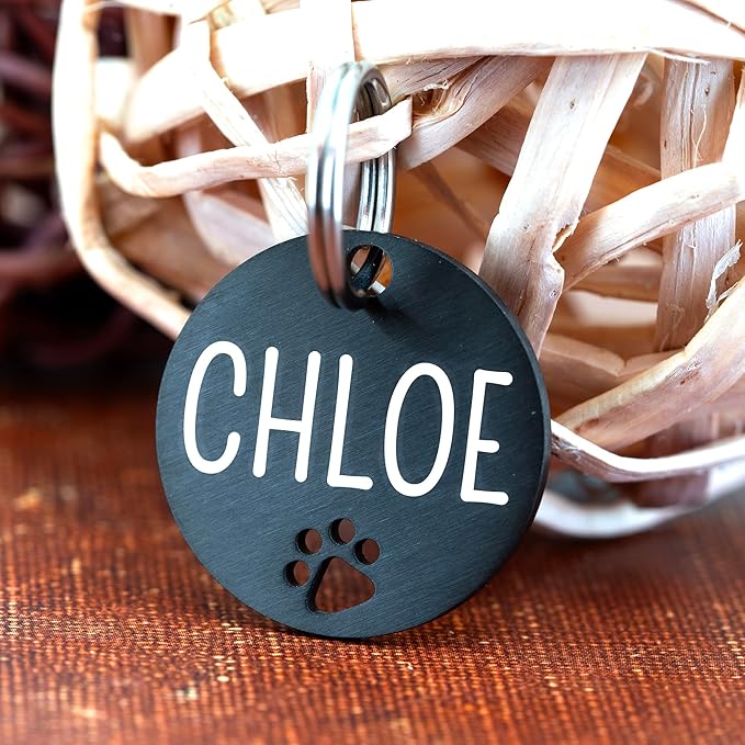 Ultra Joys Dog Tags Personalized for Pets - Hollow Paw Custom Pet ID Tag - Engraved Dog Tag for Small, Large Dogs - Large Round in Black