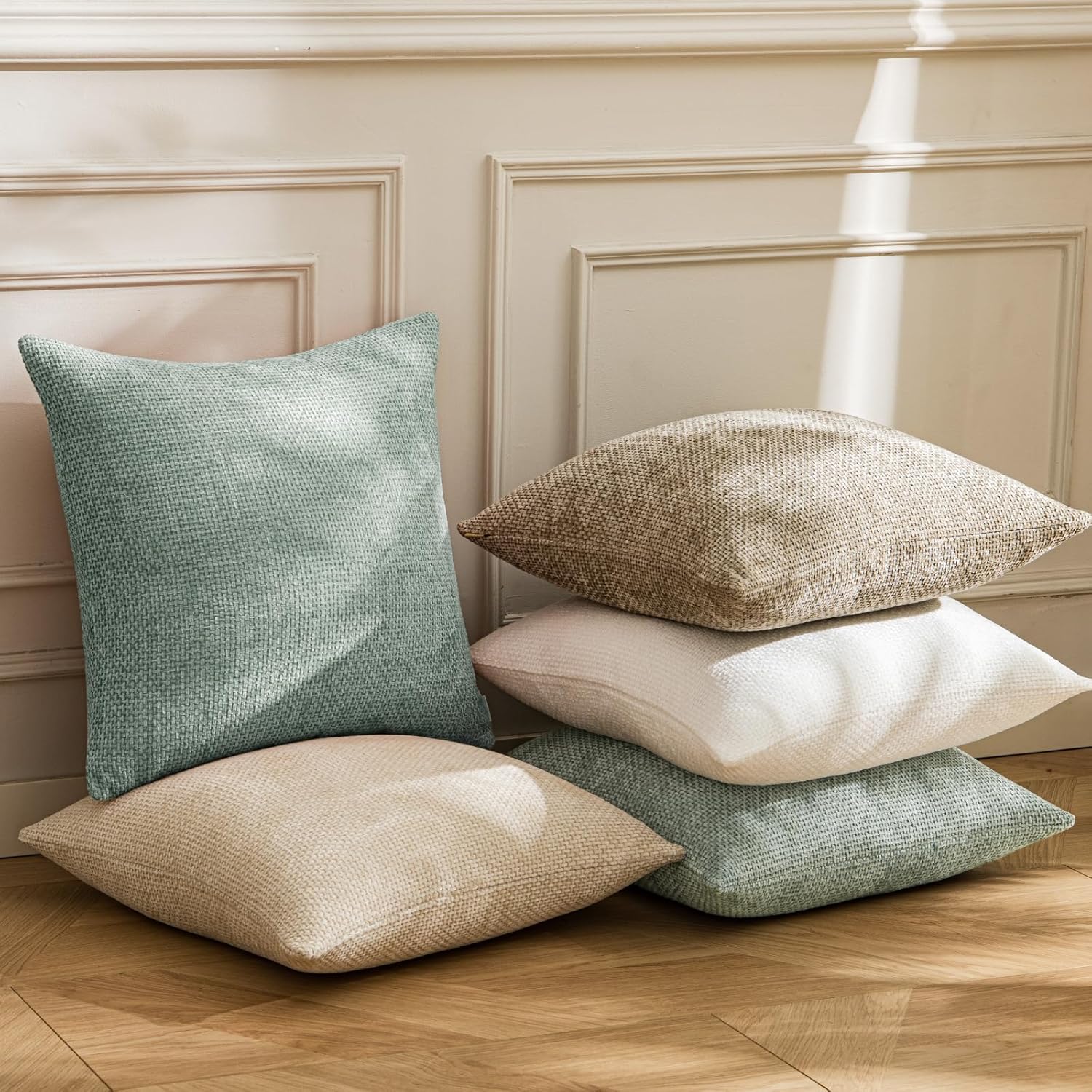 a moment Light Green Chenille Throw Pillow Covers 16x16 Inch Pack of 2 Modern Decorative Throw Pillow Covers Farmhouse Cross Covers Home Decor for Sofa Bedroom Living Room