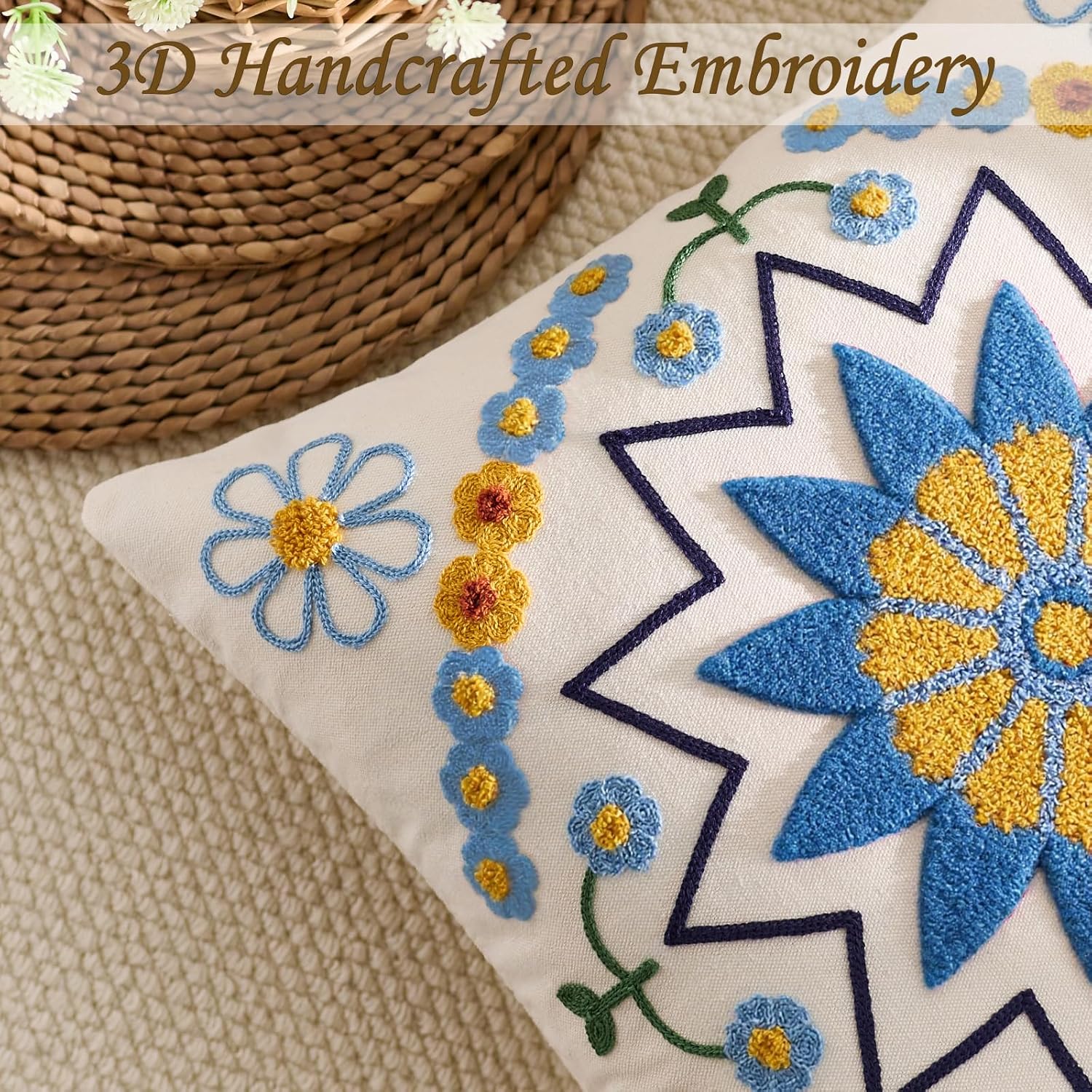 Embroidered Throw Pillow Cover 20x20 Classic Boho Floral Pattern Pillows Cover Outdoor Decorative Pillowcase,Durable Cozy Textured Cushion Case for Sofa Couch Bed Living Room,Blue Orange