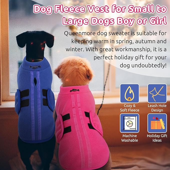 Queenmore Medium Dog Sweater, Soft Fleece Vest Pullover Dog Jacket with Leash Hole, Warm Winter Dog Clothes Cold Weather Doggy Dachshund Sweaters for Medium Dogs Cats Boy or Girl (Pink,M)