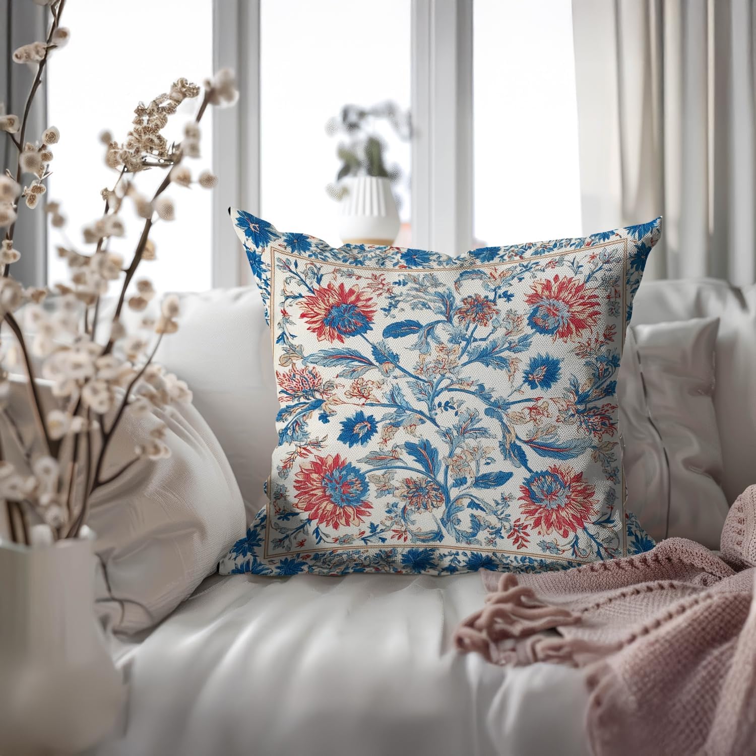 Bohemian Pillow Covers | Vintage Floral & Carpet Design | Double Sided Blue White Decorative Pillowcases for Couch, Bed | Indoor Outdoor Boho Home Decor (Blue&Red, 18x18inches)