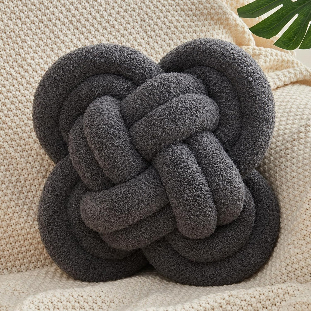 Xiashrk Knot Pillow Ball, 12" Soft Decorative Throw Pillows for Couch Bed, Dark Gray Knotted Plush Throw Pillow Handmade Square Cushion Home Couch Decor Pillows for Living Room