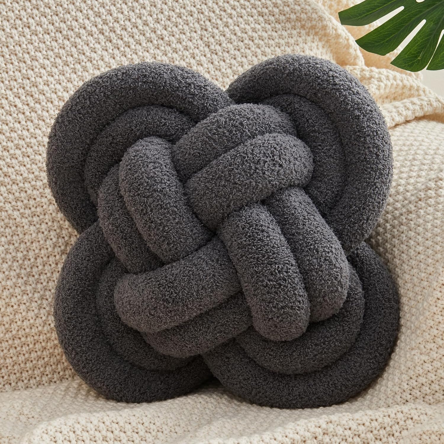 Xiashrk Knot Pillow Ball, 12" Soft Decorative Throw Pillows for Couch Bed, Dark Gray Knotted Plush Throw Pillow Handmade Square Cushion Home Couch Decor Pillows for Living Room