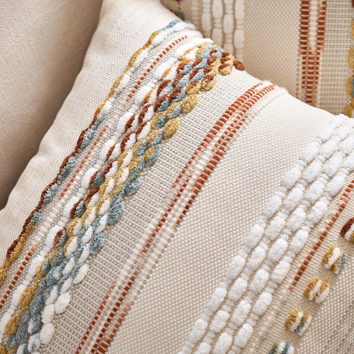 Aeckself Boho Throw Pillow Covers 18x18 Inch Set of 2, Farmhouse Decorative Striped Square Pillow Covers Chenille Tufted Pillow Cases Accent Neutral Pillowcase for Living Room Couch Bed, Orange White