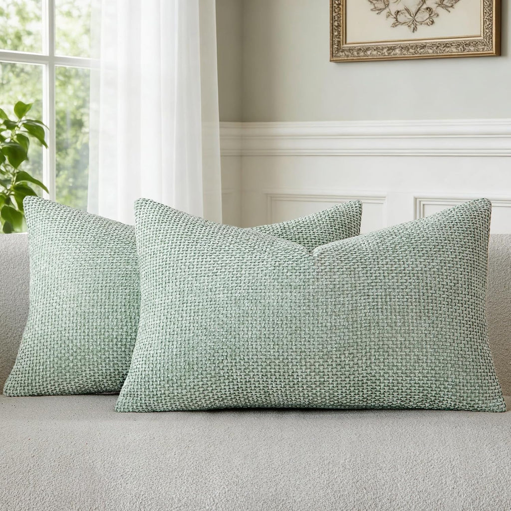 a moment Light Green Chenille Throw Pillow Covers 12x20 Inch Pack of 2 Modern Decorative Throw Pillow Covers Farmhouse Cross Covers Home Decor for Sofa Living Room Spring