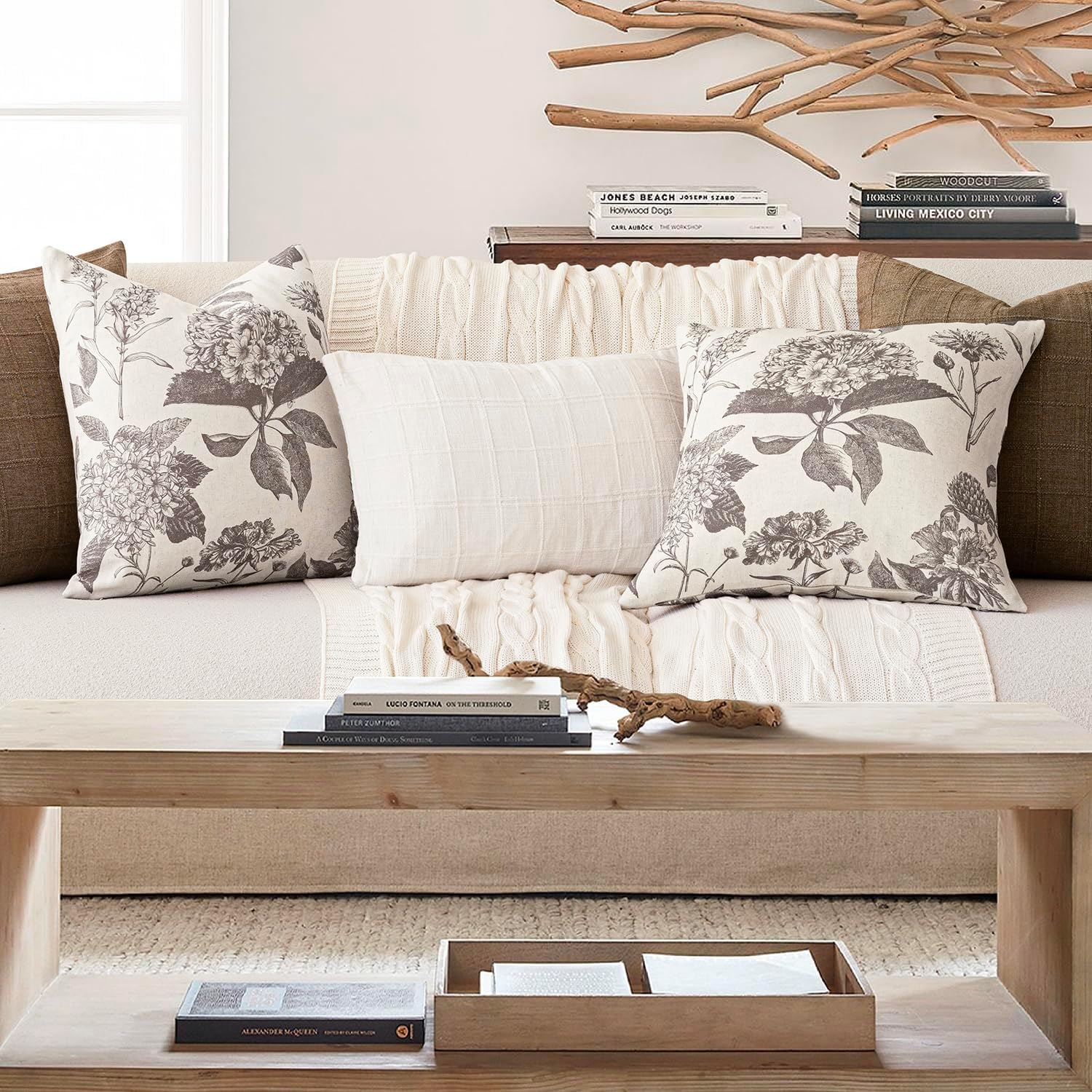 Foindtower Set of 2 Linen Floral Vintage Throw Pillow Covers Neutral Accent Decorative Cushion Covers Farmhouse Boho Home Decor for Sofa Chair Couch Bedroom Living Room,20×20 Inch,Light Gray