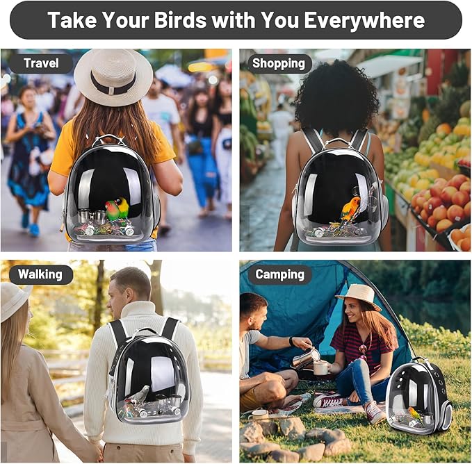 Bird Backpack Carrier, Travel Bird Cage for Small Medium Size Parrot Parakeet Budgies Cockatiel, Portable Clear Bubble Window Bag with Stainless Steel Tray Food Bolw Standing Perch (Black)