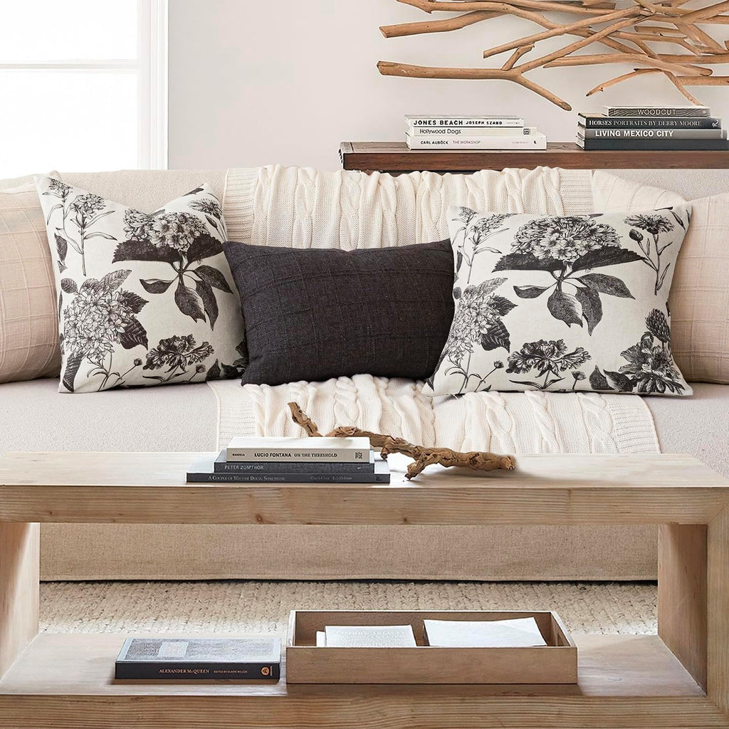 Foindtower Set of 2 Linen Floral Vintage Throw Pillow Covers Neutral Accent Print Decorative Cushion Covers Farmhouse Boho Home Decor for Sofa Chair Couch Bedroom Living Room,24×24 Inch,Black