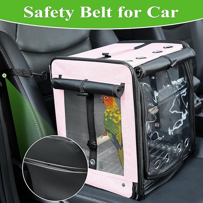 Sanmoncare Bird Carrier for Car Travel with Seat Belt, Indestructible Stainless Steel Mesh Parrot Backpack Travel Cage