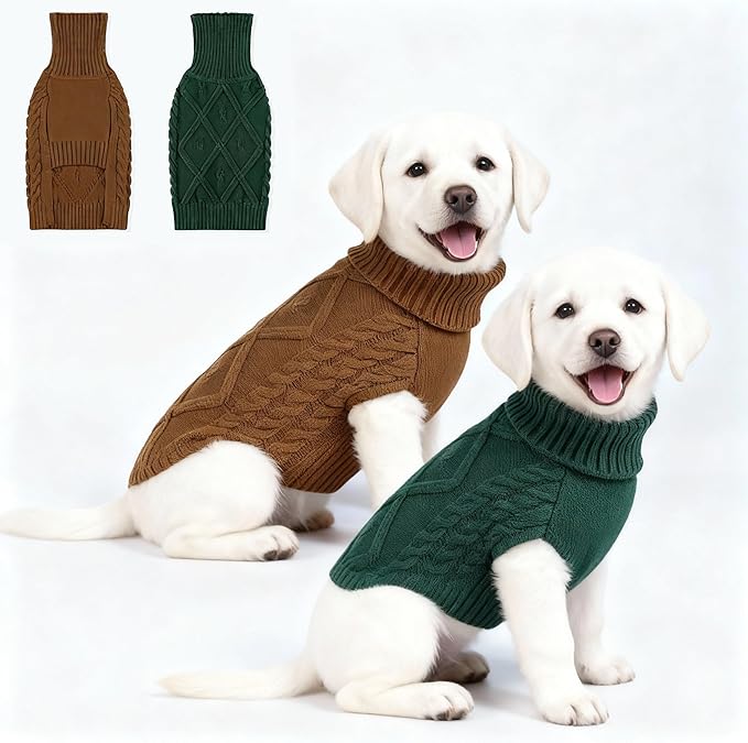 2 Pack Medium//Large Dog Sweater, Warm Comfy Stretch Dog Winter Coat w/Sleeves & High Neck, Premium Dog Clothes for Labrador-Best for Holidays, Daily Walks XL Green Brown