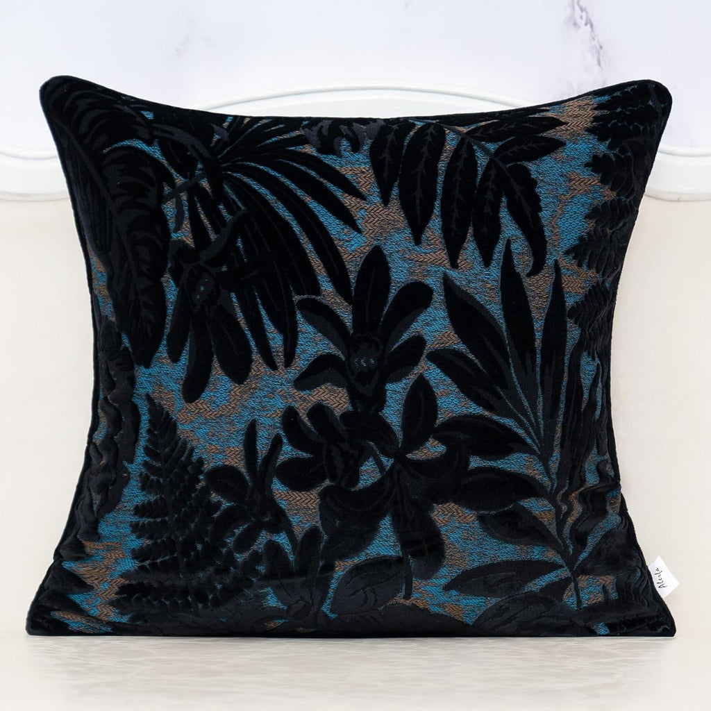 Alerfa Black Throw Pillow Cover 20x20 Inch, Square Cut Velvet Maple Leaf Embroidery Luxury Farmhosue Accent Decorative Pillow Cover for Couch Living Room Bedroom