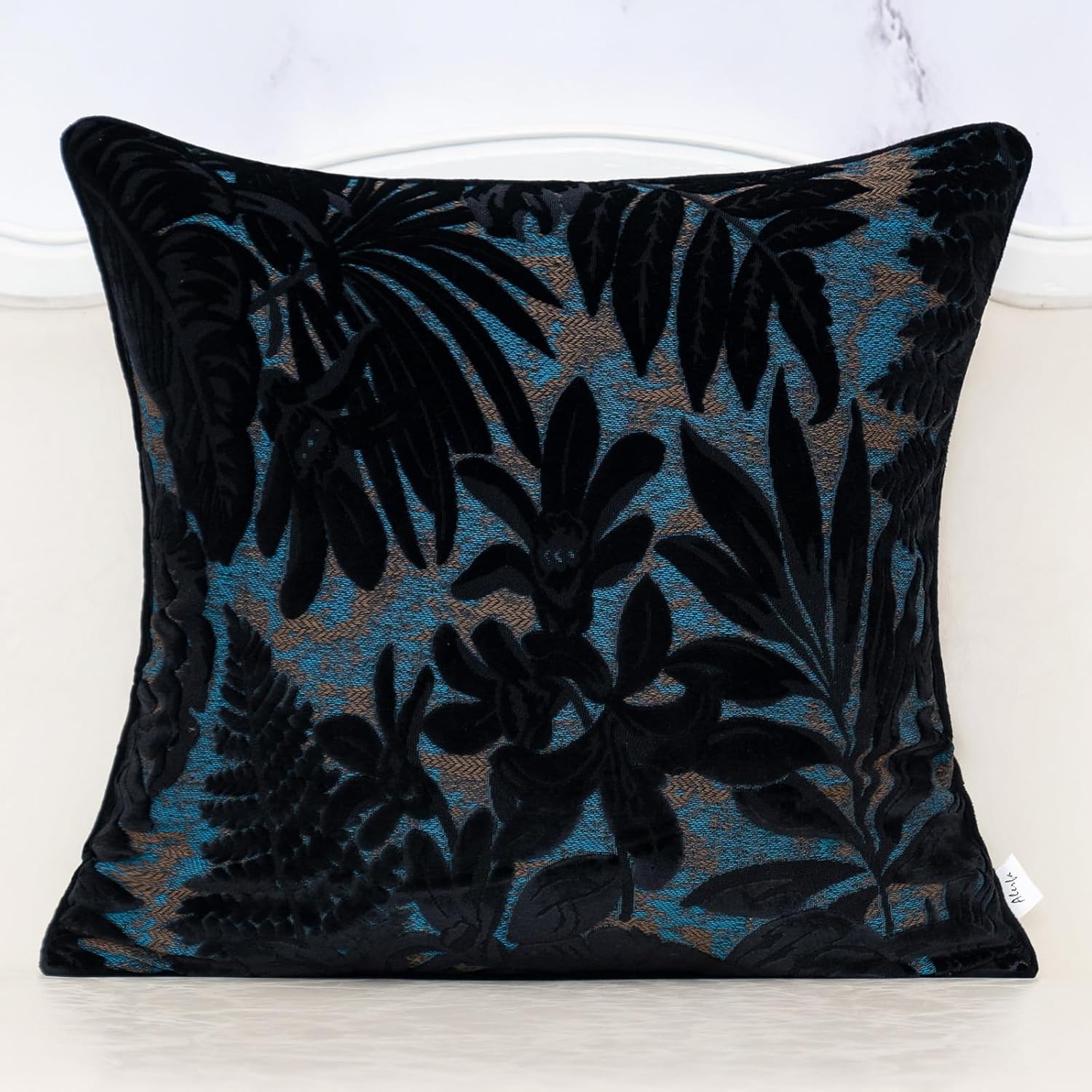 Alerfa Black Throw Pillow Cover 20x20 Inch, Square Cut Velvet Maple Leaf Embroidery Luxury Farmhosue Accent Decorative Pillow Cover for Couch Living Room Bedroom