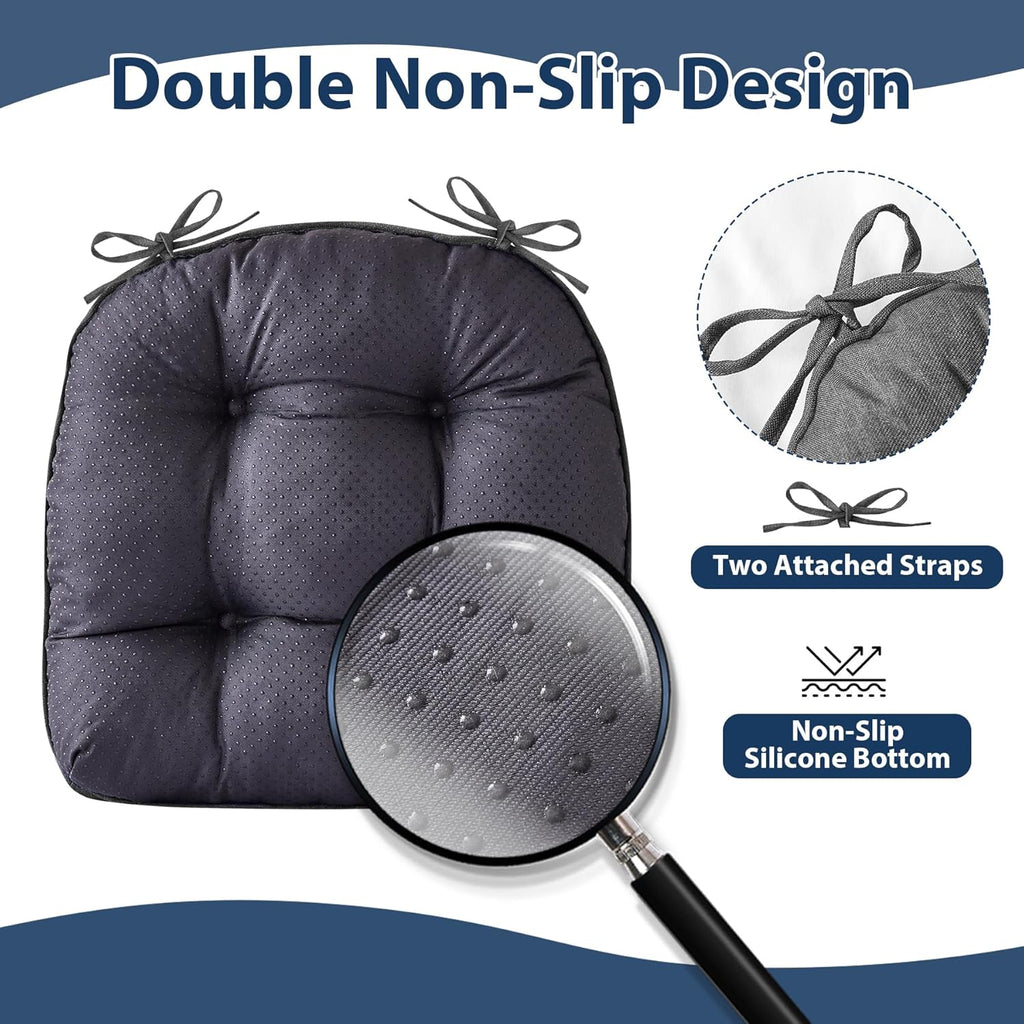 Chair Cushions for Dining Chairs, Seat Cushions for Kitchen Chairs, Indoor Seat Cushions with Ties, Tufted Foam Chair Pads, Non Slip Chair Cushions Set of 6, 15.5" x 15.5" x 4", Dark Grey