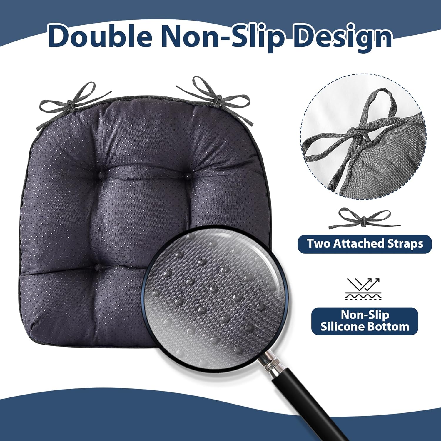 Chair Cushions for Dining Chairs, Seat Cushions for Kitchen Chairs, Indoor Seat Cushions with Ties, Tufted Foam Chair Pads, Non Slip Chair Cushions Set of 6, 15.5" x 15.5" x 4", Dark Grey