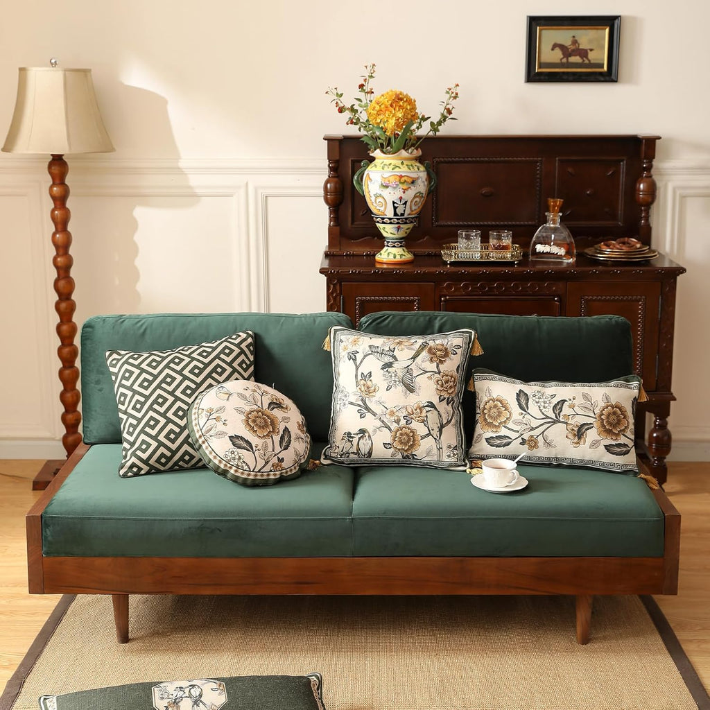 ISAENNE Design Linen Chinoiserie Square Throw Pillow Covers 18"x18", Farmhouse Cushion Covers with Yellow Floral Birds Pattern Decoration Pillowcases for Bed,Living Room,Outdoor,Car