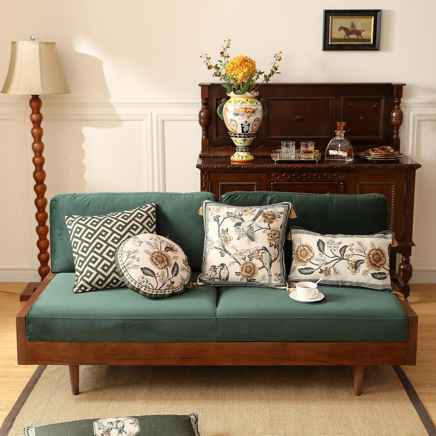 ISAENNE Design Linen Chinoiserie Square Throw Pillow Covers 18"x18", Farmhouse Cushion Covers with Yellow Floral Birds Pattern Decoration Pillowcases for Bed,Living Room,Outdoor,Car