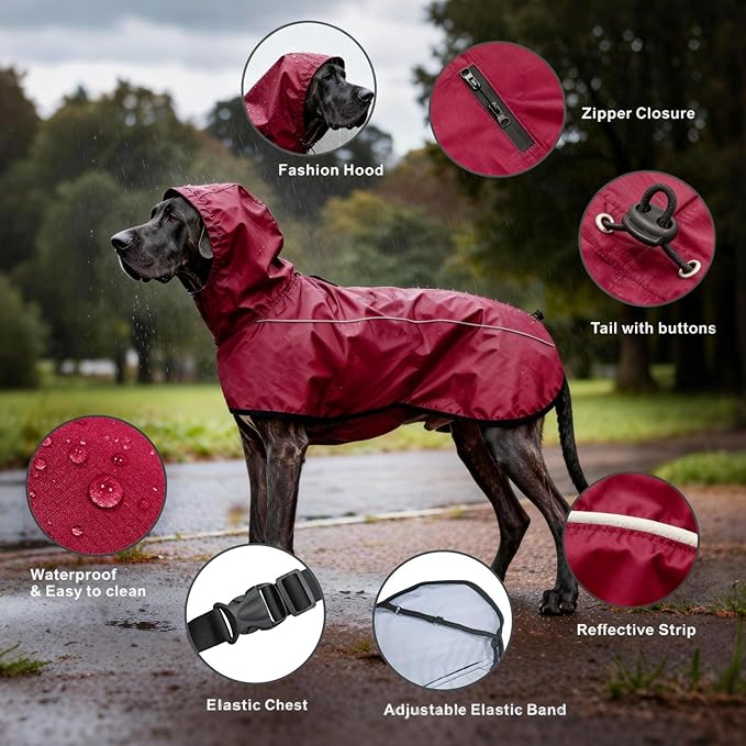 Mosucoirl Dog Raincoat Jacket Reflective Adjustable Hooded Pet Poncho Rain Coats with Leash Hole Waterproof Clothes for Small Medium Large Dogs (Red, XL)