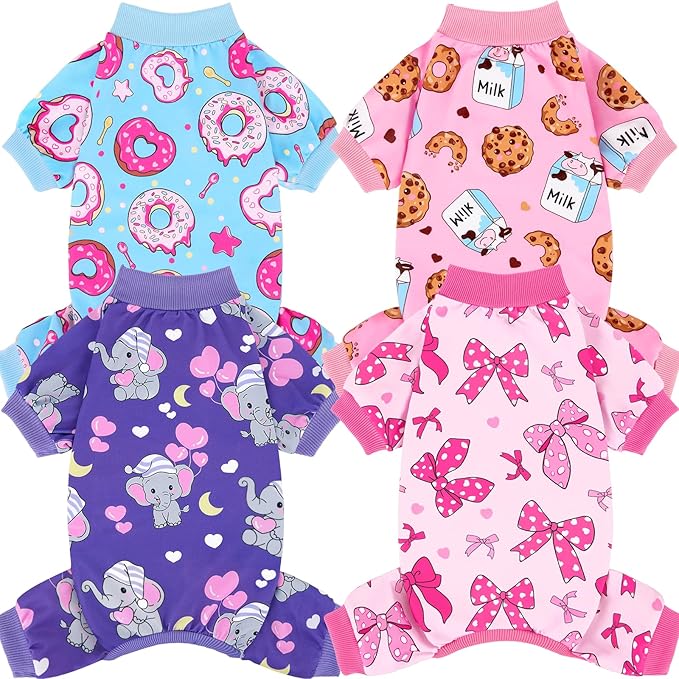 XPUDAC 4 Pieces Dog Pajamas Soft Strechy Puppy Onesies Pet Clothes for Small Medium Dogs Boy Girl Cat Pet Outfit, 153-S