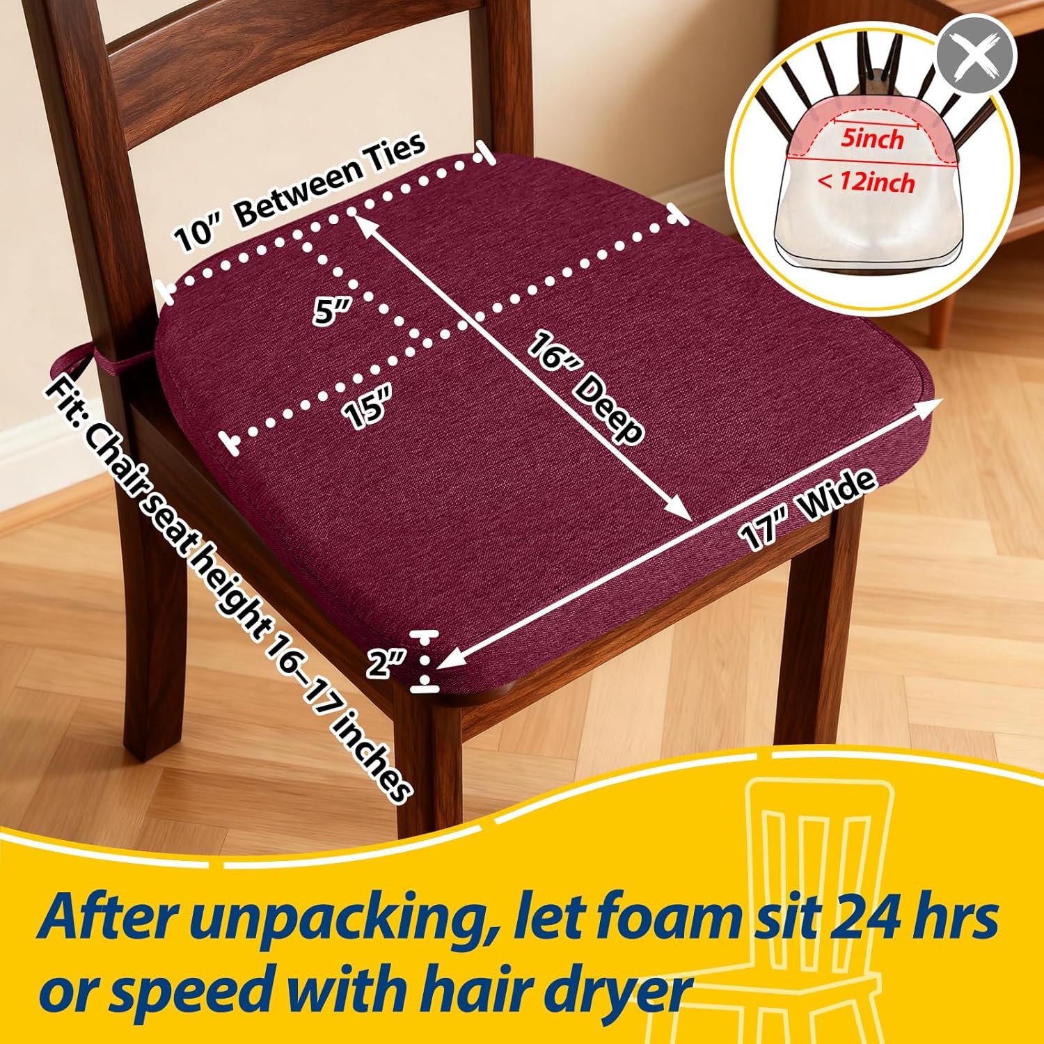 AAAAAcessories D-Shaped Chair Cushions, 2" Thick Dining Chair Pads with Ties and Removable, Machine-Washable Cover, 17" x 16", Set of 6, Wine Red