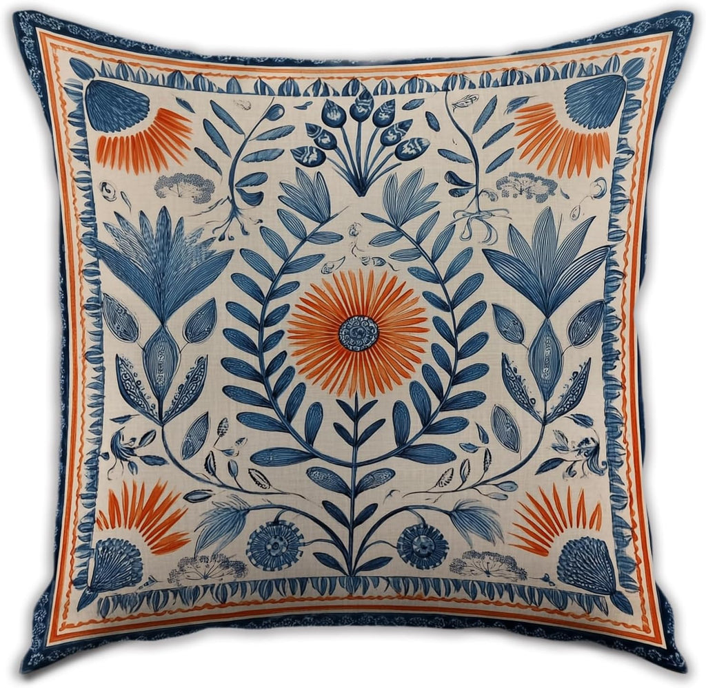 Vintage Boho Floral Print Throw Pillow Cover, Orange, Blue - Retro Rust Floral Decor Pillowcase, Indoor Outdoor Cushion Case for Sofa Couch Bed Living Room Bedroom Home (Blue&Orange, 18x18inch)