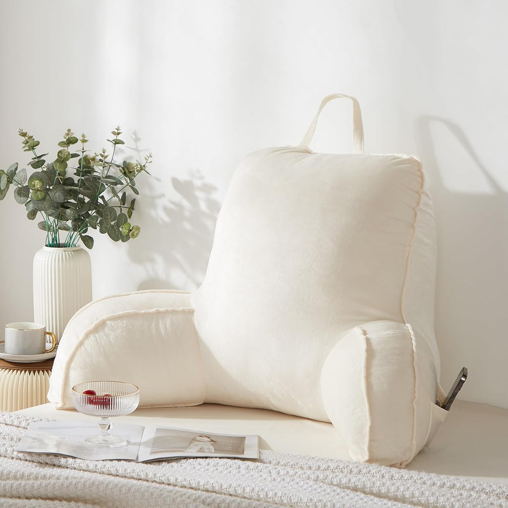 Reading Pillow for Sitting in Bed Adult,Back for Bed Sitting Up, Pillow,Backrest Back Support Chair Pillow, College Dorm Essentials for Girls and Boys, Velvet Beige L