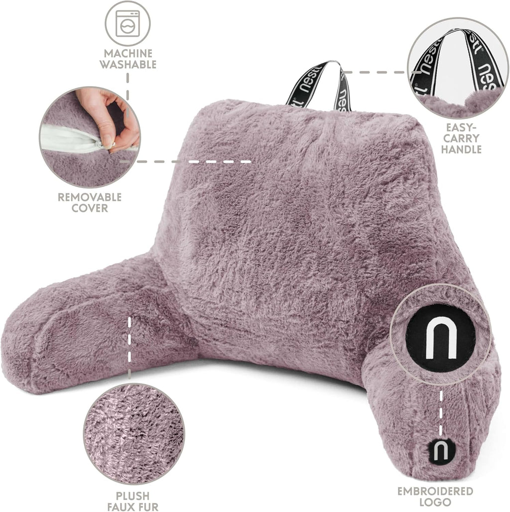 Nestl Fur Reading Pillow with Laptop Lap Desk, Stylish Back Pillow for Sitting Up, Lap Desk with Reading Pillows for Sitting in Bed Adult & Kids, Faux Fur Chair Pillow with Arms - Dusty Purple