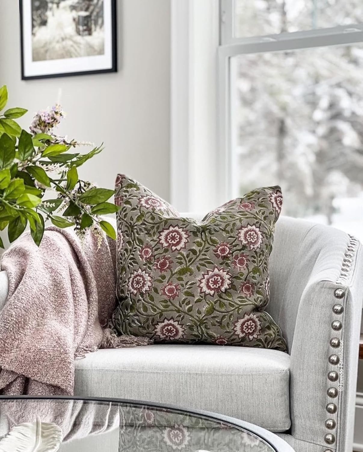 Designer Flowers Printed on Natural Linen Pillow Cover | Grey Green and Dusty Rose Pillow | Boho Pillow, Decorative Throw Pillow Covers, Floral Pillow (Green & Rose, 16x16)