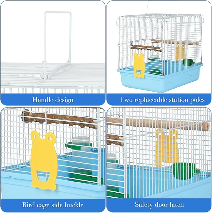 Small Bird Cage, Lightweight for Parakeets, Hanging for Parrot, Travel for Cockatiel, Outdoor Budgie, Pet Products Flat Top Economy Small Animal Cage with Stand Accessories with White Wire, Blue