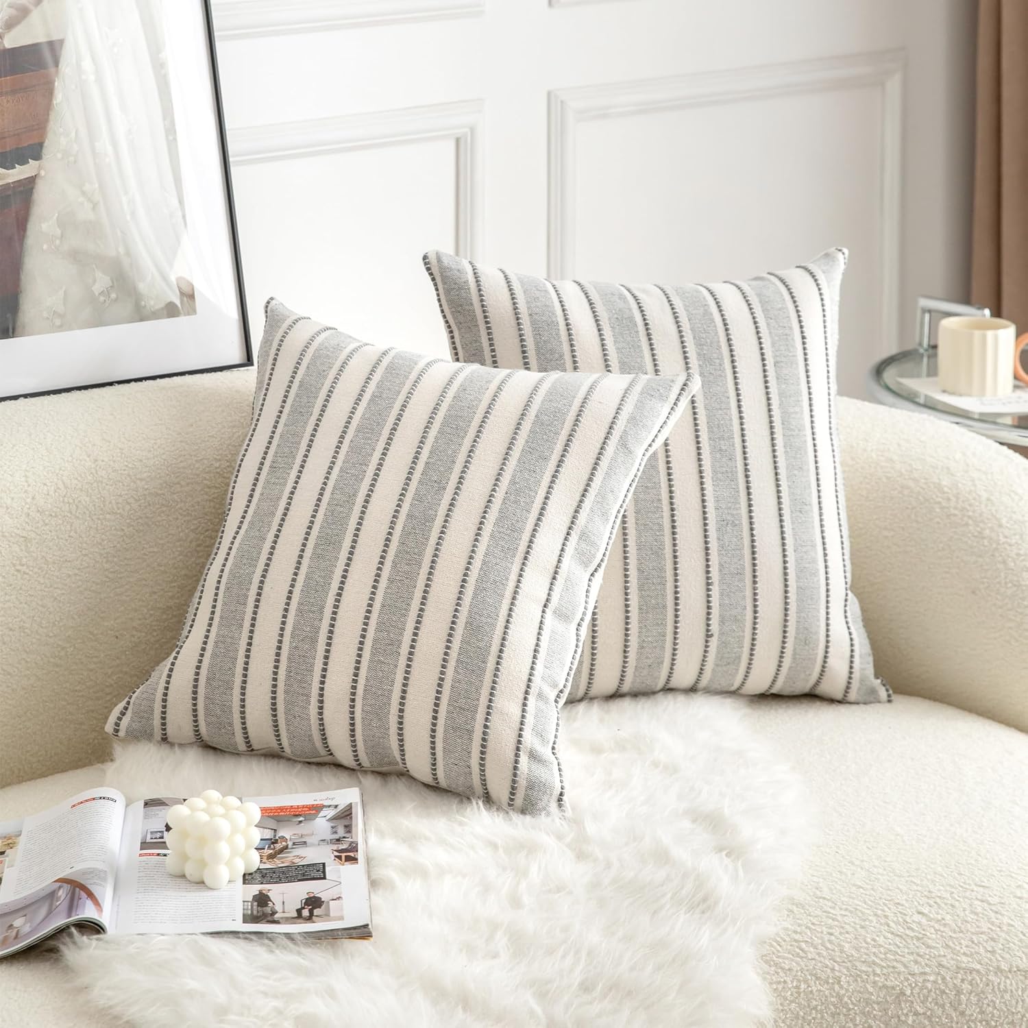 Decorative Boho Throw Pillow Covers, Farmhouse Textured Pillow Case, 20 x 20 Inch Set of 2, Chair Sofa Bedroom Living Room Home Decor Couch Cushion Case, Grey and Beige Striped