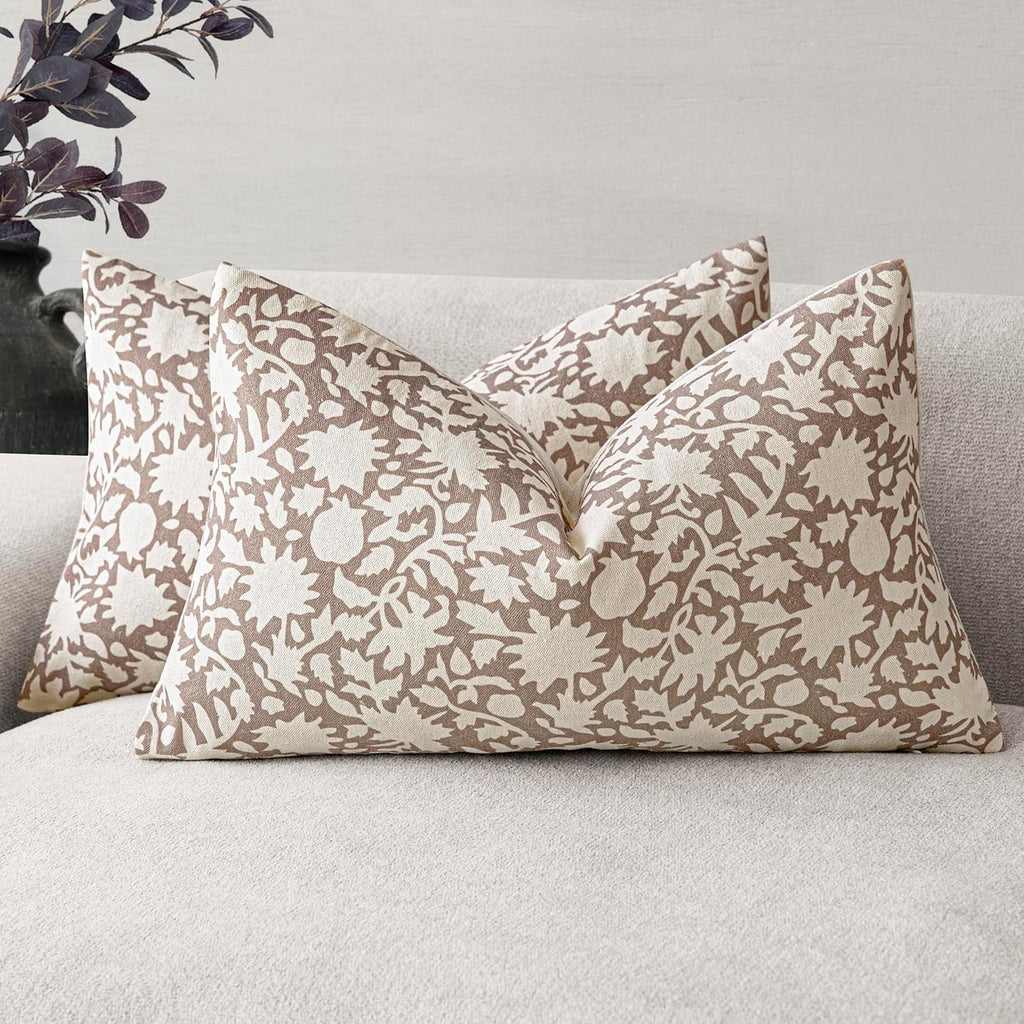 Foindtower Set of 2 Decorative Neutral Floral Lumbar Throw Pillow Covers Accent Farmhouse Cushion Covers Boho Vintage Pillowcase for Couch Sofa Bedroom Living Room Home Decor,12×20 Inch,Tan