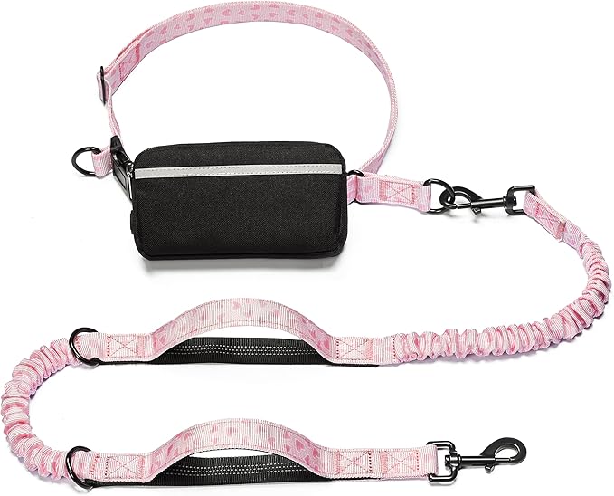 iYoShop Hands Free Dog Leash with Zipper Pouch, Dual Padded Handles and Durable Bungee for Walking, Jogging and Running Your Dog (Pink Heart, Large)