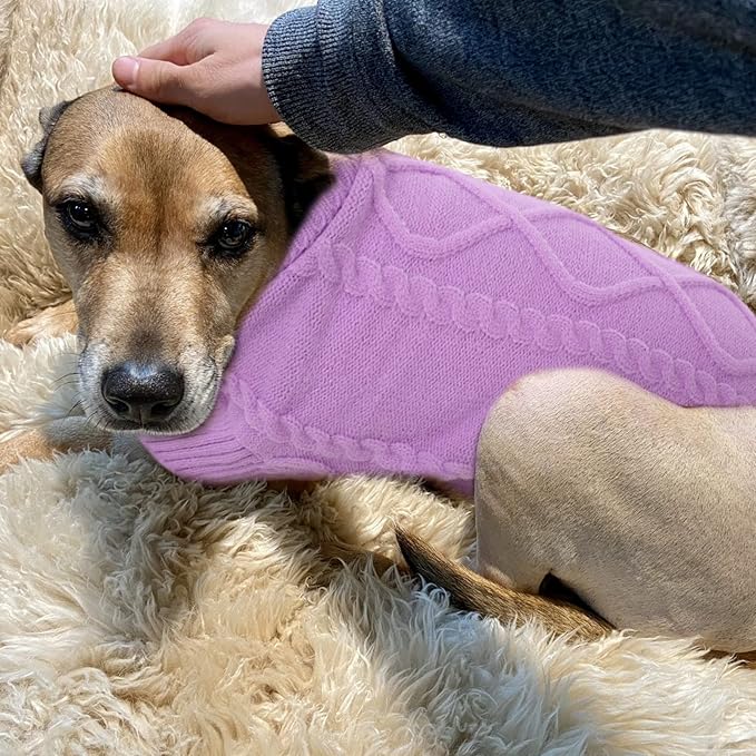 Queenmore Small Dog Pullover Sweater, Cold Weather Cable Knitwear, Classic Turtleneck Thick Warm Clothes for Chihuahua, Bulldog, Dachshund, Pug (Lilac, Large)