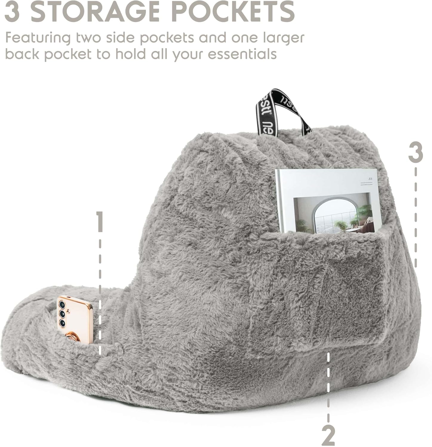 Nestl Fur Reading Pillow with Shredded Memory Foam, Stylish Back Pillow for Bed Sitting Up, Faux Fur Reading Pillows for Sitting in Bed Adult & Kids, Sit Up Back Support Pillow with Arms - Dark Grey