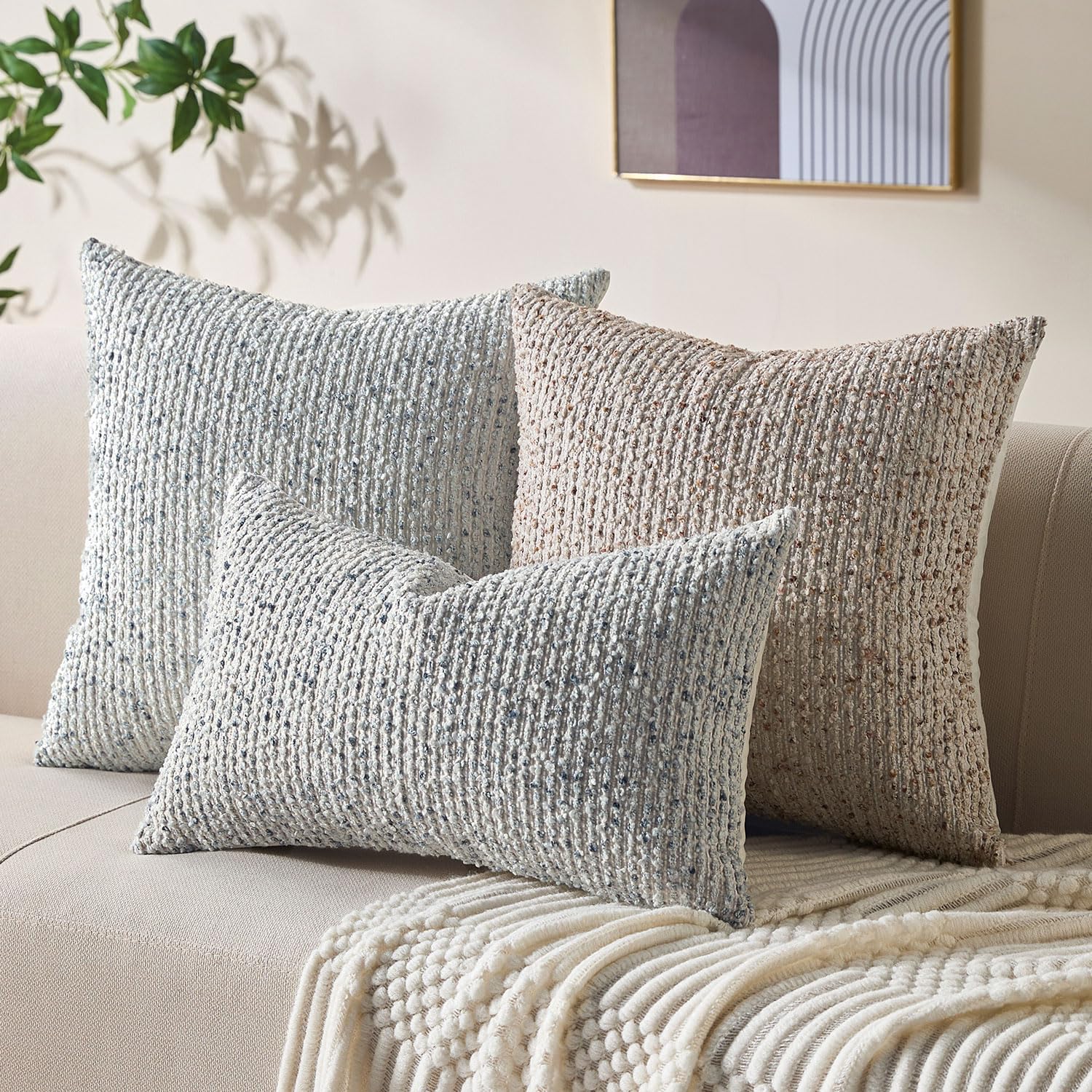 Decorative Couch Throw Pillow Covers 18x18 Set of 2 Blue Striped Soft Wool Pillow Covers Neutral Textured Boho Cushion Covers for Modern Farmhouse Sofa Bedroom Living Room Decor SY012-C18