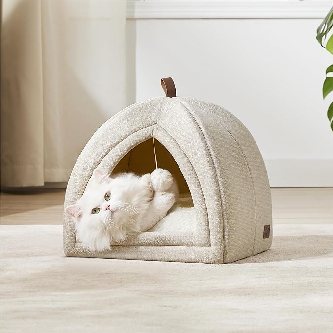 Bedsure Cat Beds for Indoor - 2 in 1 Cat Cave House Tent for Kittens and Small Pets with Removable Washable Cushioned Pillow, Foldable Kitten Hideaway with Non-Slip Bottom, Beige, 16 inches