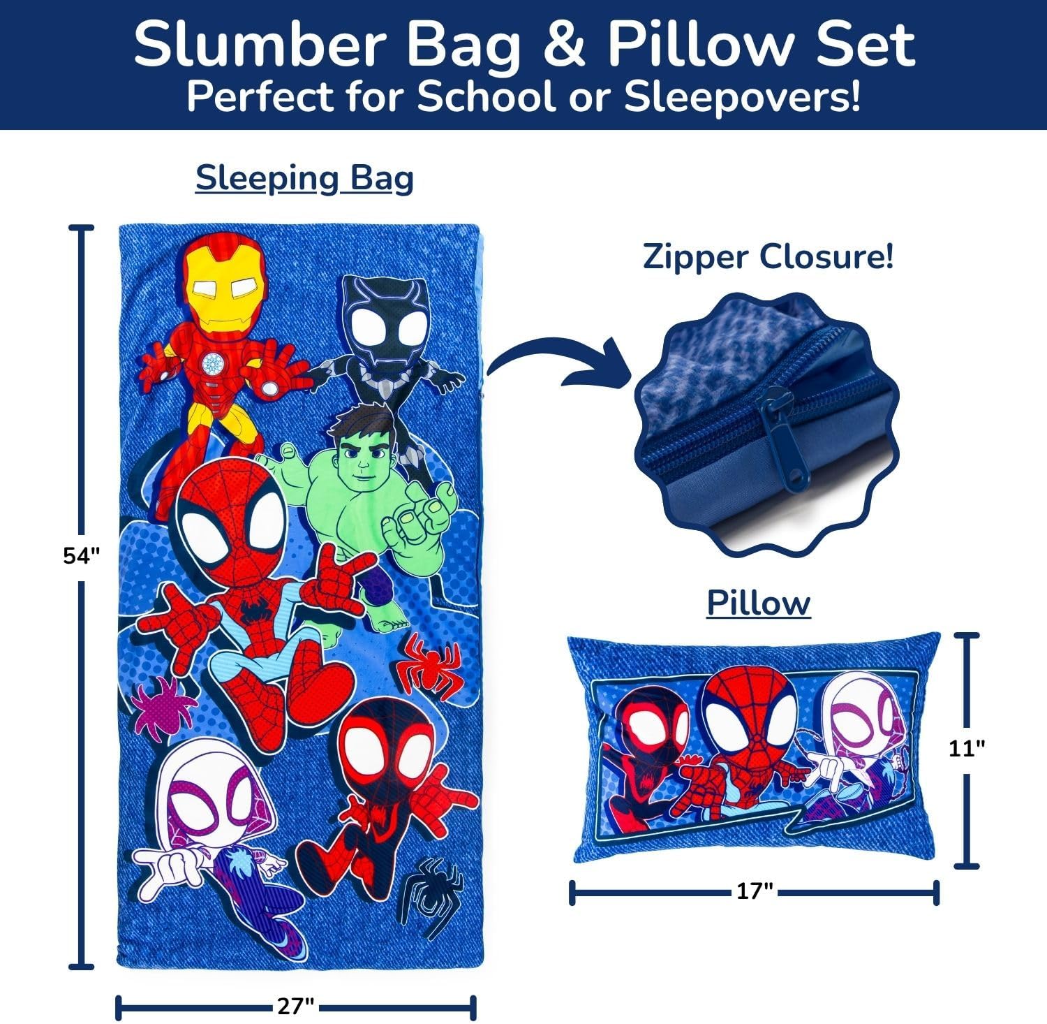 Jay Franco Kids Slumber Bag and Pillow - 54 x 27 Inch Comfy Indoor Sleeping Bag for School and Sleepovers, 2 Piece Set, Blue - Spidey & His Amazing Friends