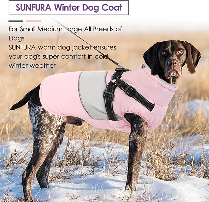 SUNFURA Small Dog Coat with Harness Built in, Warm Dog Jacket Winter with Zipper On Back, Waterproof Pet Snow Jacket Snowsuit Pet Sweater Clothes for Schnauzer, Yorkshire Terrier, Pink S