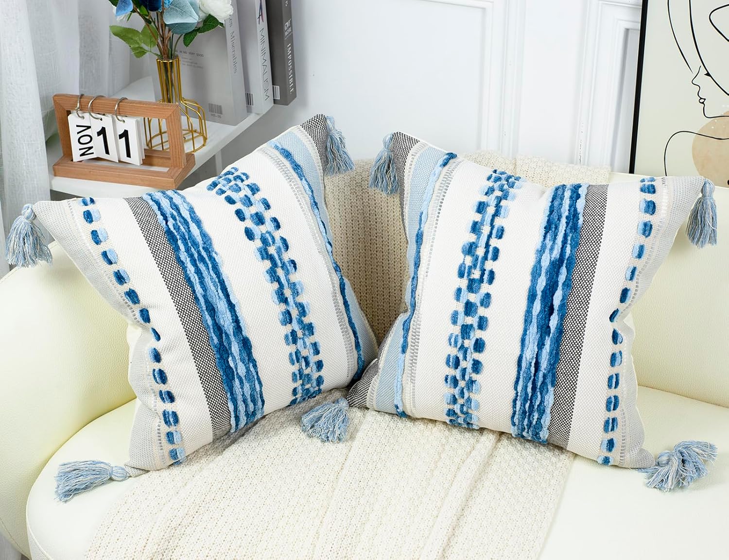 PANOD Chenille Farmhouse Throw Pillow Covers 16 x 16 Blue, Neutral Boucle Couch Pillow Cover, Striped Decorative Boho Coushion Cover Pillow Case for Couch Bed Sofa Bedroom,Modern Accent,Set of 2