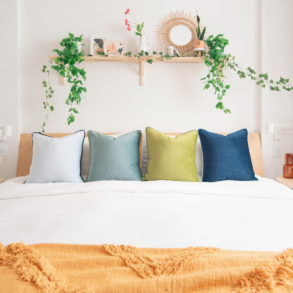 MONDAY MOOSE Decorative Throw Pillow Covers Cushion Cases, Set of 4 Soft Velvet Modern Double-Sided Designs, Mix and Match for Home Decor, Pillow Inserts Not Included (14x14 inch, Green/Blue)