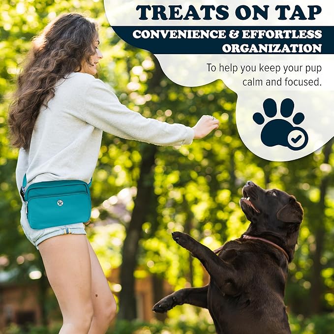 Puppington 3-in-1 Crossbody Dog Walking Bag & Treat Pouch with Matching Planet Safe Poop Bags & Built-In Dispenser - Dog Mom Gift for Puppy Training with Zippered Pockets (Lagoon Teal)